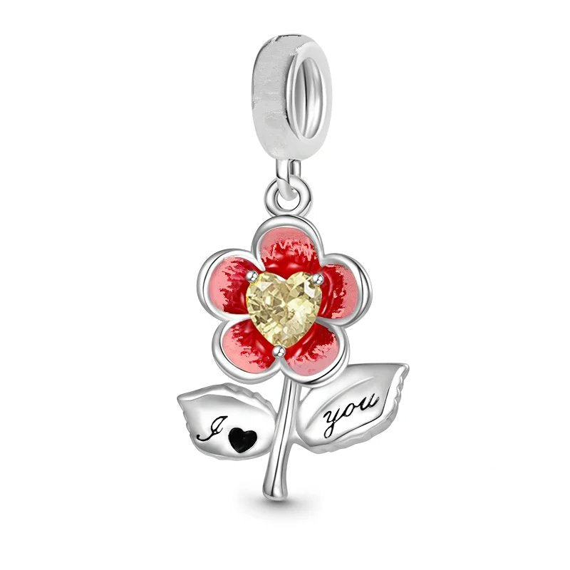 Sterling silver heart flower charm with "I Love You" engraving, fits Pandora bracelets