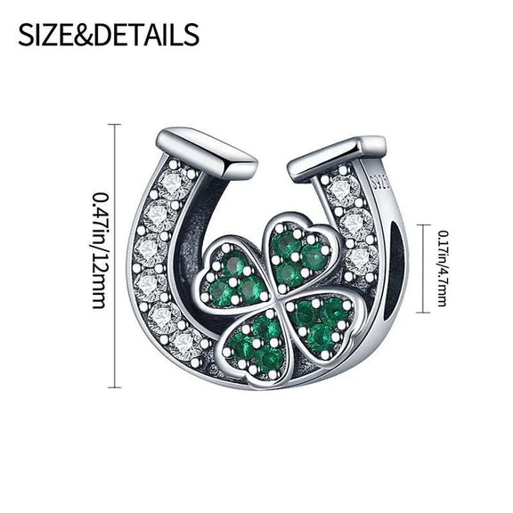 Sterling Silver Horseshoe and Clover Charm for Pandora Bracelets - Detailed sterling silver charm featuring a green clover and sparkling horseshoe, compatible with Pandora bracelets.