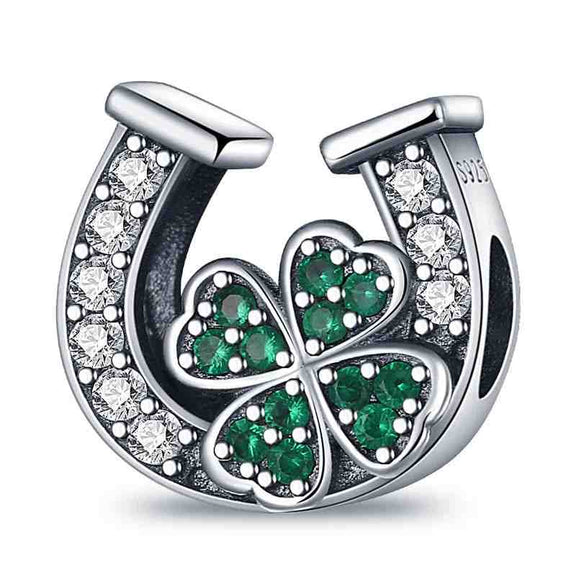 Sterling Silver Horseshoe and Clover Charm for Pandora Bracelets - Sterling silver charm with a clover and horseshoe design, adorned with green.