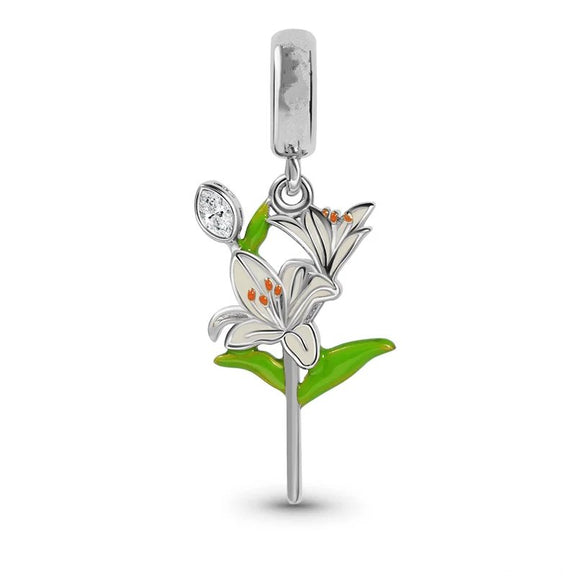 Sterling Silver Lily Flower Charm for Pandora Bracelets - Sterling silver lily flower charm with green and white enamel, fits Pandora bracelets