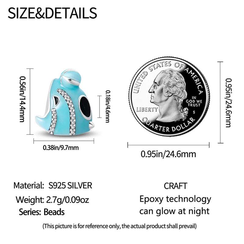 Size and details of the sterling silver luminous fish charm with a US quarter for scale.