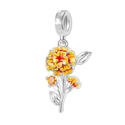 Sterling silver marigold flower charm with red and yellow enamel, fits Pandora bracelets