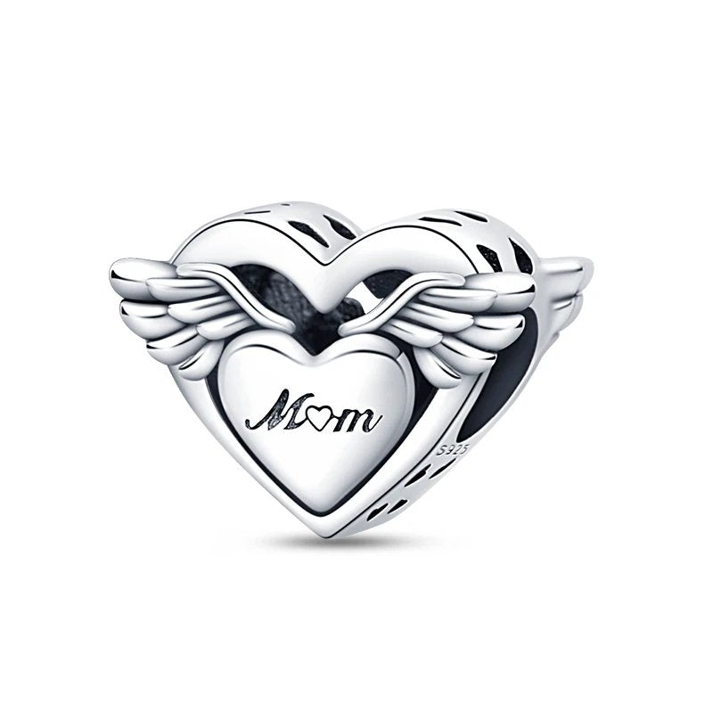 Sterling silver mom heart charm with angel wings.