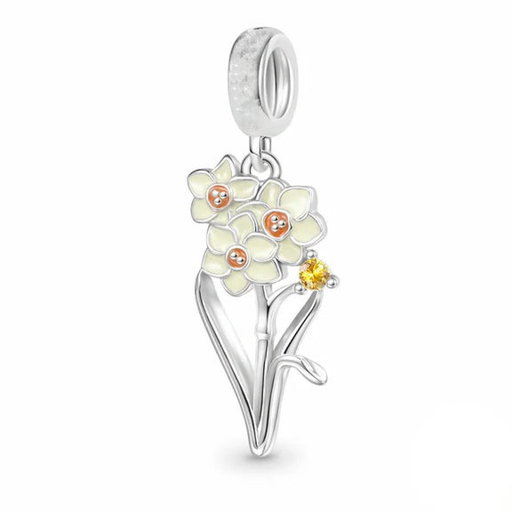 Sterling Silver Narcissus Flower Charm for Pandora Bracelets - Sterling silver narcissus flower charm with a yellow gemstone, fits Pandora bracelets