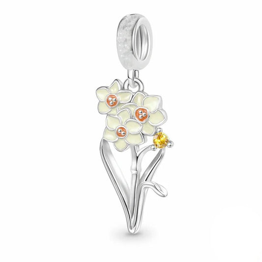 Sterling silver narcissus flower charm with a yellow gemstone, fits Pandora bracelets