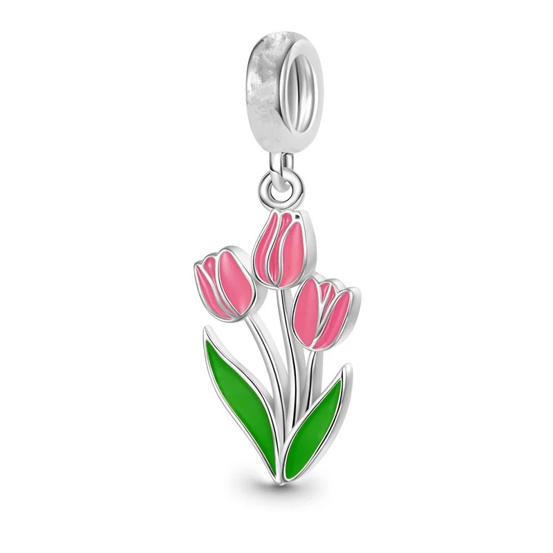 Sterling silver pink tulip flower charm with green leaves, fits Pandora bracelets