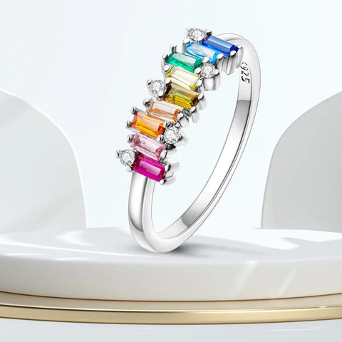 Silver Rainbow Colored Baguette Ring - Sterling silver ring with rainbow baguette gemstones close