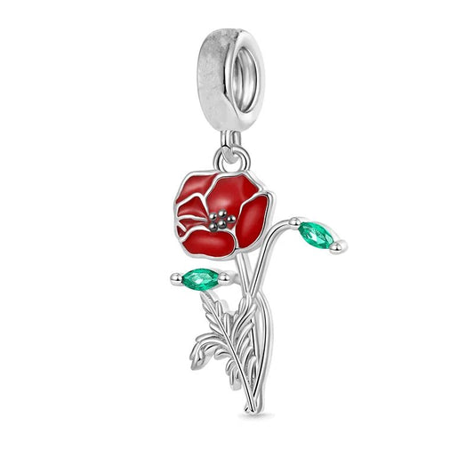 Sterling silver red poppy flower charm with green leaves, fits Pandora bracelets