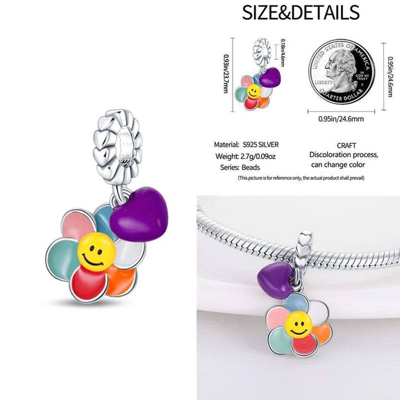 Sterling Silver Smiling Flower and Heart Charm for Pandora Bracelets - Cheerful flower charm with a smiling face and purple heart, crafted in sterling silver, compatible with Pandora bracelets.