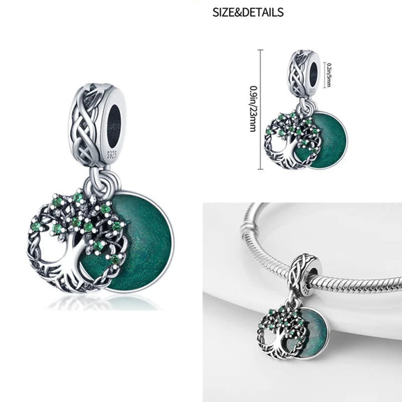 Sterling Silver Tree of Life Charm with Green Disc for Pandora Bracelets - Sterling silver tree of life charm with green cubic zirconia and a green disc, fits Pandora bracelets.