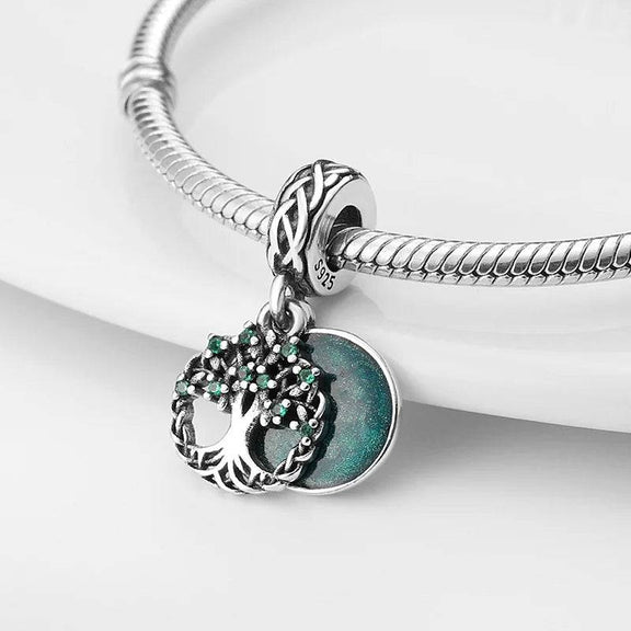 Sterling Silver Tree of Life Charm with Green Disc for Pandora Bracelets - Tree of life charm in sterling silver featuring green stones and a green background disc, designed for Pandora bracelets.