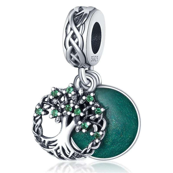 Sterling Silver Tree of Life Charm with Green Disc for Pandora Bracelets - Elegant charm featuband a tree of life and green disc, crafted in sterling silver with green stones.