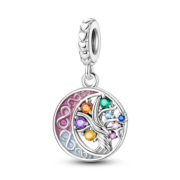 Sterling Silver Tree of Life Charm with Moon - Sterling silver tree of life charm with colorful crystals