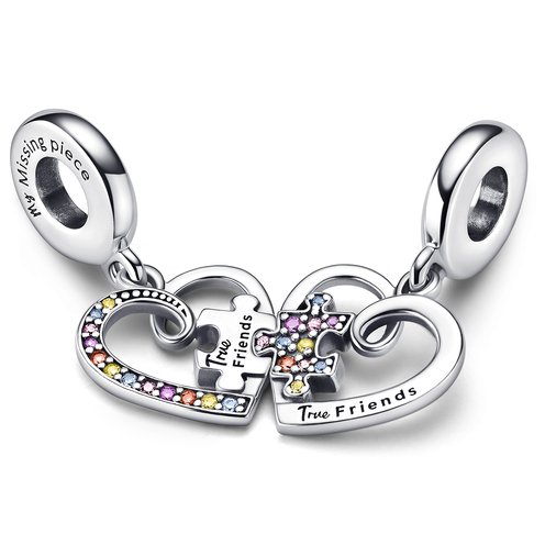 Puzzle Piece Hearts Split Friendship Dangle Charm - Silver charm with multicolored gemstones and "True Friends" puzzle piece for friendship bracelets.