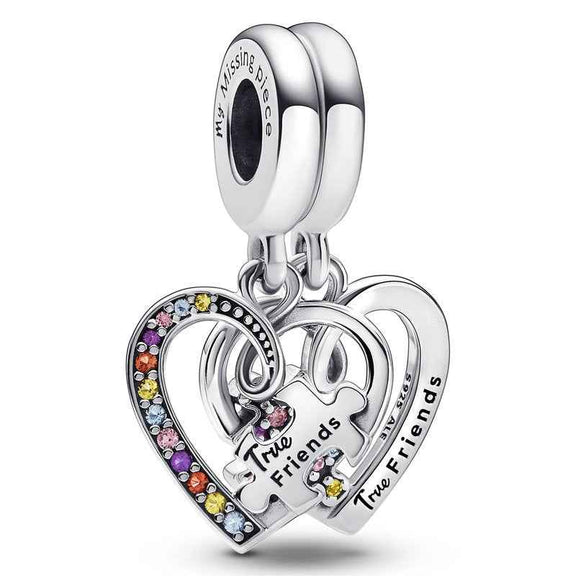 Puzzle Piece Hearts Split Friendship Dangle Charm - Sterling silver charm with two interlocking hearts, multi-colored crystals,.