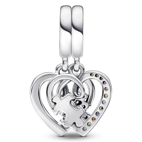 Puzzle Piece Hearts Split Friendship Dangle Charm - Interlocking heart-shaped charm with colorful gemstones and "True Friends" inscription, ideal for friendship gifts.