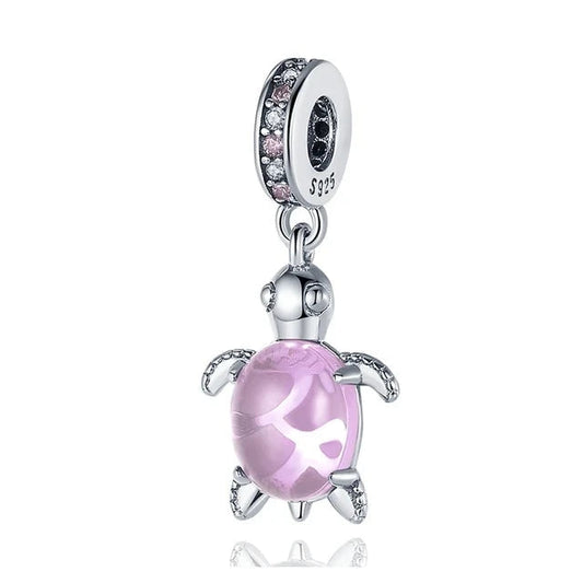 Sterling Silver Turtle Charm with Pink Enamel and Rhinestone Accents