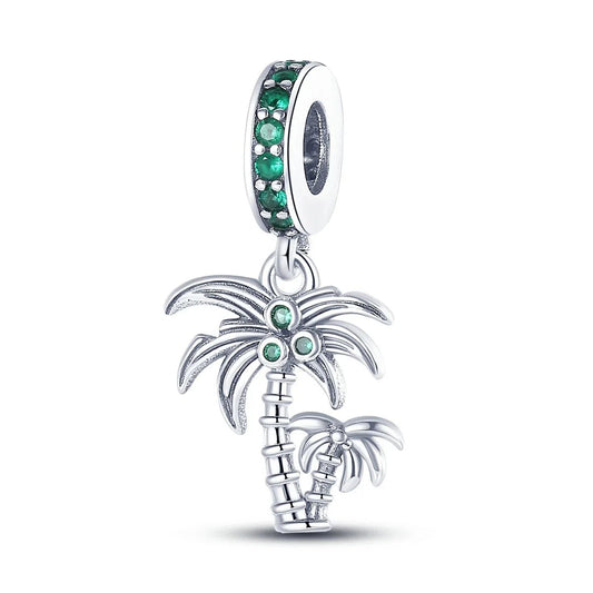Sterling Silver  Palm Tree And Green Stones Charm