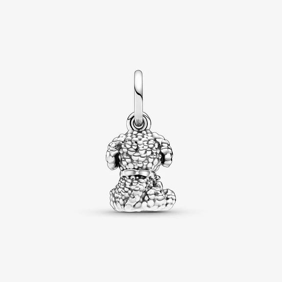 Cute Puppy Charm for Pandora Bracelets - A detailed view of a sterling silver poodle charm from the back, showcasing its intricate curly fur texture and hanging loop