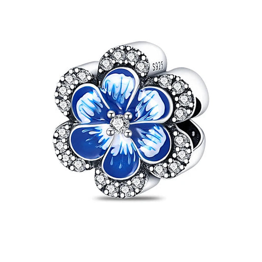 Sterling Silver Blue Enamel Flower Charm with Crystals