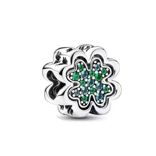 Sparkling Silver Clover Charm with Green Crystals
