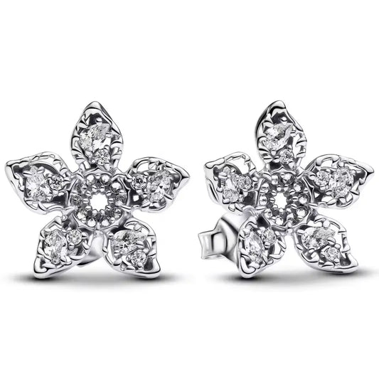 Pair of silver flower-shaped earrings with clear gemstones on a white background