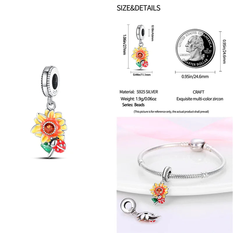 Sterling silver charm featuband a sunflower with multi-color zircon, green enamel leaf,.