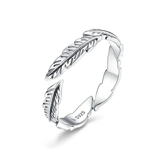 Silver Feather Adjustable Open Ring- Nature-Inspired