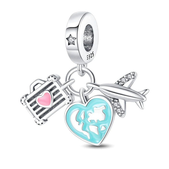 Travel Adventure Charm - Travel-themed charm with a suitcase, airplane, and heart-shaped globe in colorful enamel.