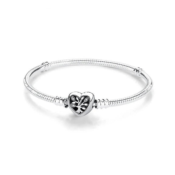 Filigree Heart Sterling Silver Snake Chain Charm Bracelet with Life Tree - Filigree heart sterling silver snake chain charm bracelet with intricate detailing