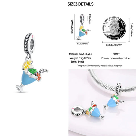 Tropical Cocktail Charm for Pandora Bracelet -Summer Drink Bead - Sterling silver tropical cocktail charm with colorful enamel details for Pandora bracelet.