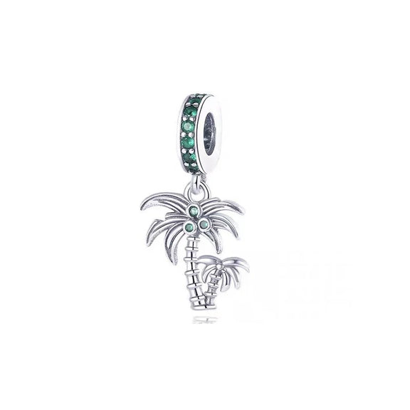 Tropical Palm Tree Charm with Green Crystals in Sterling Silver - Sterling silver palm tree charm with green crystals and detailed design.