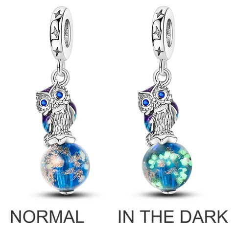 Pandora Two Charms Blue Green Glass Beads One Owl Charm Accent