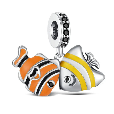 Two Fish Charms With A Yellow And Orange Charm - Two Fish Charms With A Yellow And Orange Pandora Charm