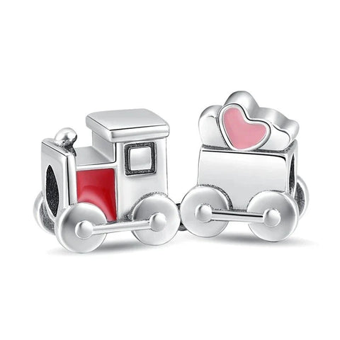 Two Silver And Red Heart Shaped Train Charms Charm