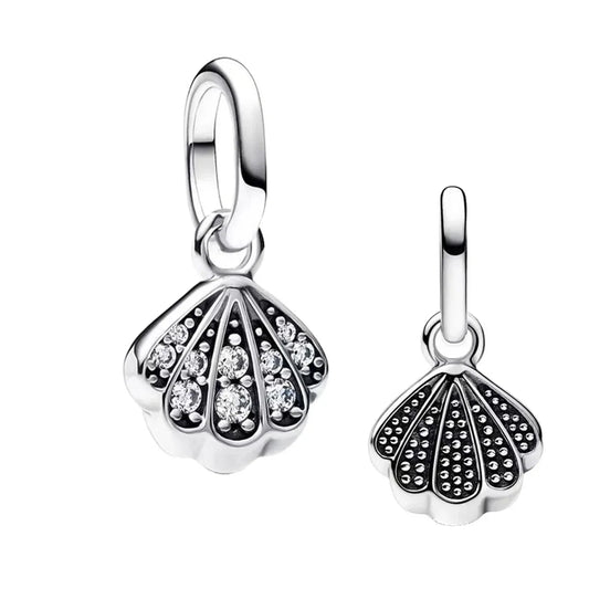 Two Silver Shell Pendants With Diamonds Charm