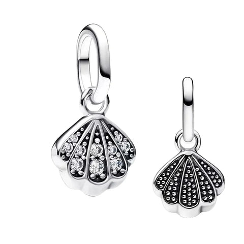 Two Silver Shell Pendants With Diamonds Charm - Two Silver Shell Pendants With Diamonds Pandora Charm