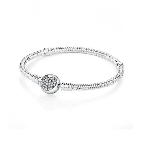 Pavé Heart Sterling Silver Snake Chain Charm Bracelet - Pavé heart sterling silver snake chain charm bracelet with cubic zirconia