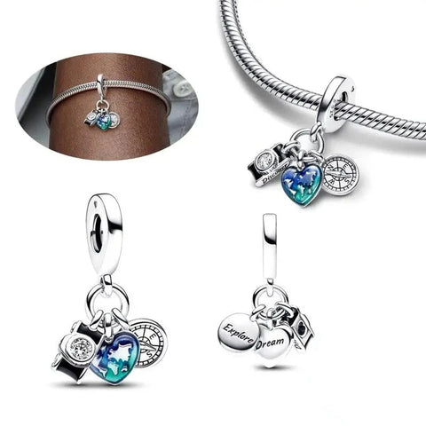Camera, Heart & Compass Triple Dangle Charm - Camera, Heart & Compass Triple Dangle Charm