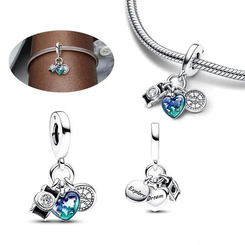 Camera, Heart & Compass Triple Dangle Charm