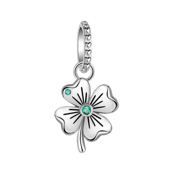 Lucky Four-Leaf Clover Charm for Pandora Bracelets - Silver lucky four-leaf clover charm with green cubic zirconia.