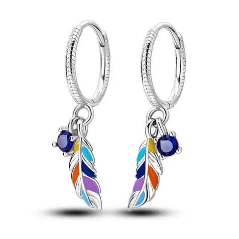Colorful Feather Gemstone Hoop Earrings Women - Colorful feather and gemstone hoop earrings with sterling silver hoops.