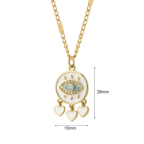 Gold Evil Eye Pendant Necklace with Heart Charms and Crystal Accents - Gold evil eye pendant necklace with heart charms and crystal accents, pendant measures mm by mm.