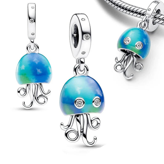 Pandora With Blue Octopus And White Enamel Charm Cyan Accent