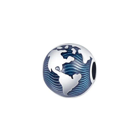 Global Harmony Sterling Silver World Map Charm with Blue Enamel