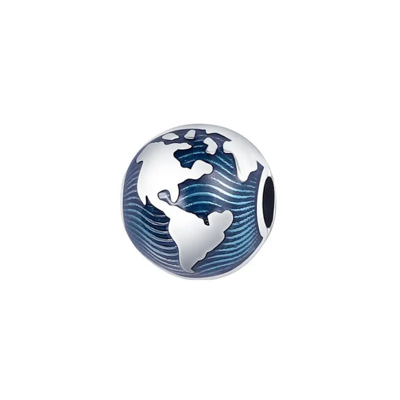 Global Harmony Sterling Silver World Map Charm with Blue Enamel - Global Harmony Sterling Silver World Map Charm with Blue Enamel