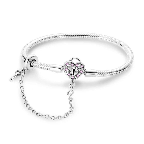 Pink Heart Lock Sterling Silver Snake Chain Charm Bracelet - Pink heart lock sterling silver snake chain charm bracelet with cubic zirconia and key charm