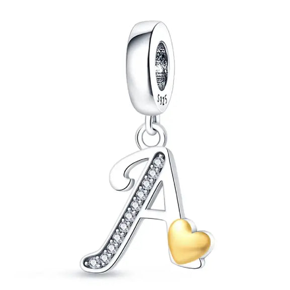 Silver letter A charm Gold heart - italic Letter A Charm