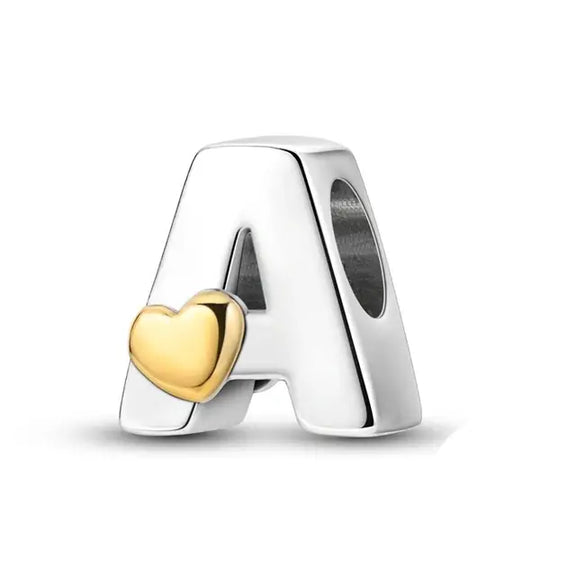 A Letter Gold Heart charm letter - A Silver charm letter with gold heart for pandora bracelets