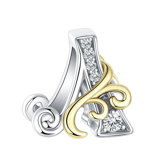 Dual-Tone Gold and Silver A Letter Charm with Crystal Accents - Gold and silver A Letter Charm for pandora bracelet